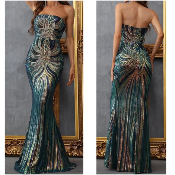 Luxe Sequin Strapless Evening Party Prom Wedding Dress - Picture 6 of 6